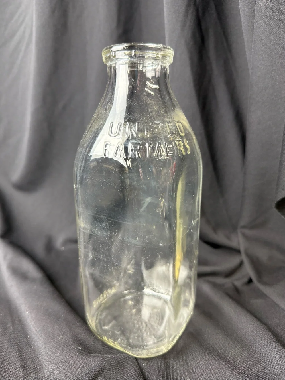 United Farmers Antique Clear Glass Milk Bottle - Decorative Vase or Pitcher